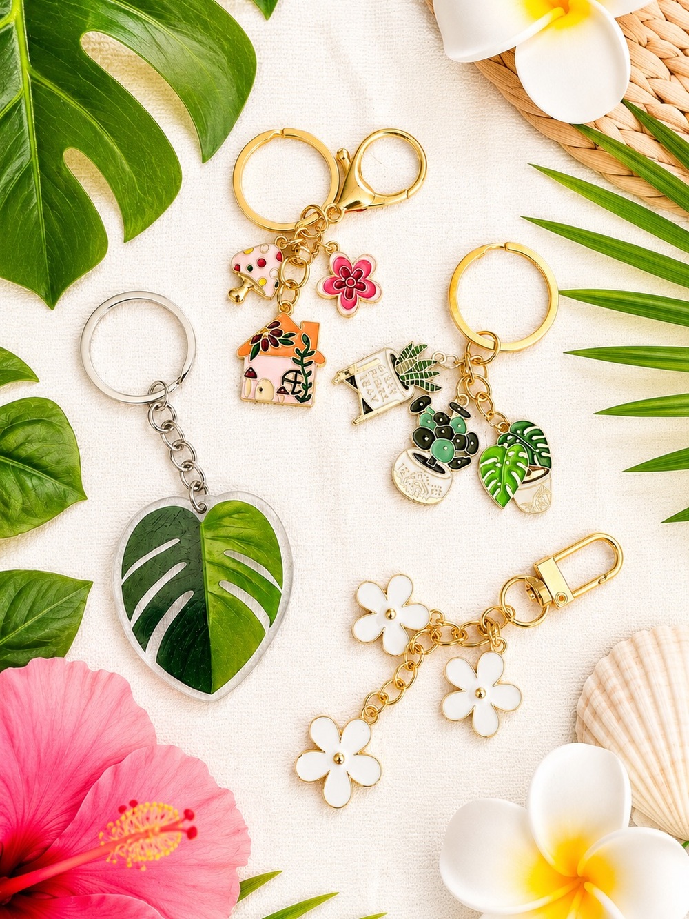 Plant Theme Keychain Set Floral Botanical Charm 4 Pack Gift